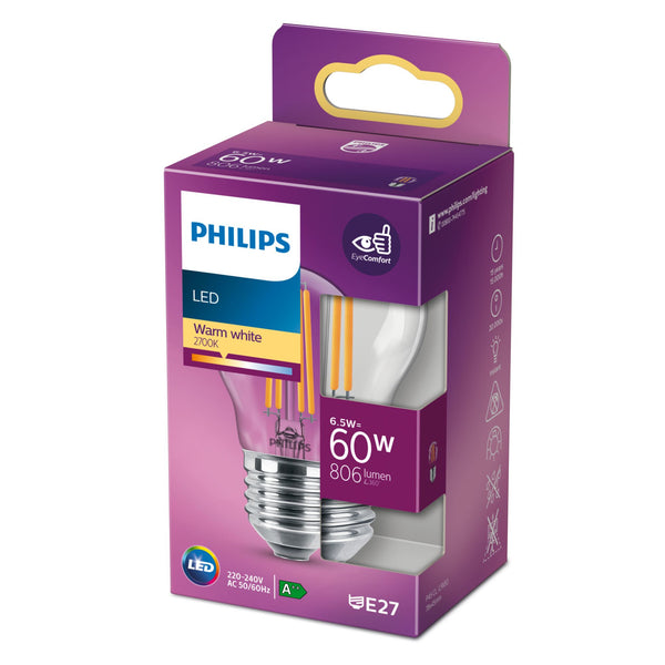 Philips LED-filament-lyspære 6.5W E 806lumen 2700K Varmt hvidt lys