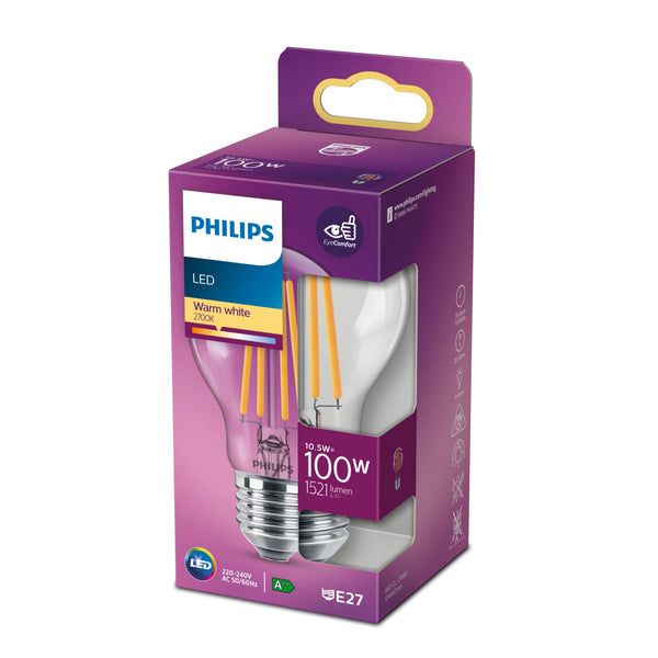 Philips LED-filament-lyspære 10.5W D 1521lumen 2700K Varmt hvidt lys