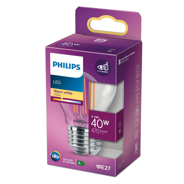 Philips LED-filament-lyspære 4.3W F 470lumen 2700K Varmt hvidt lys