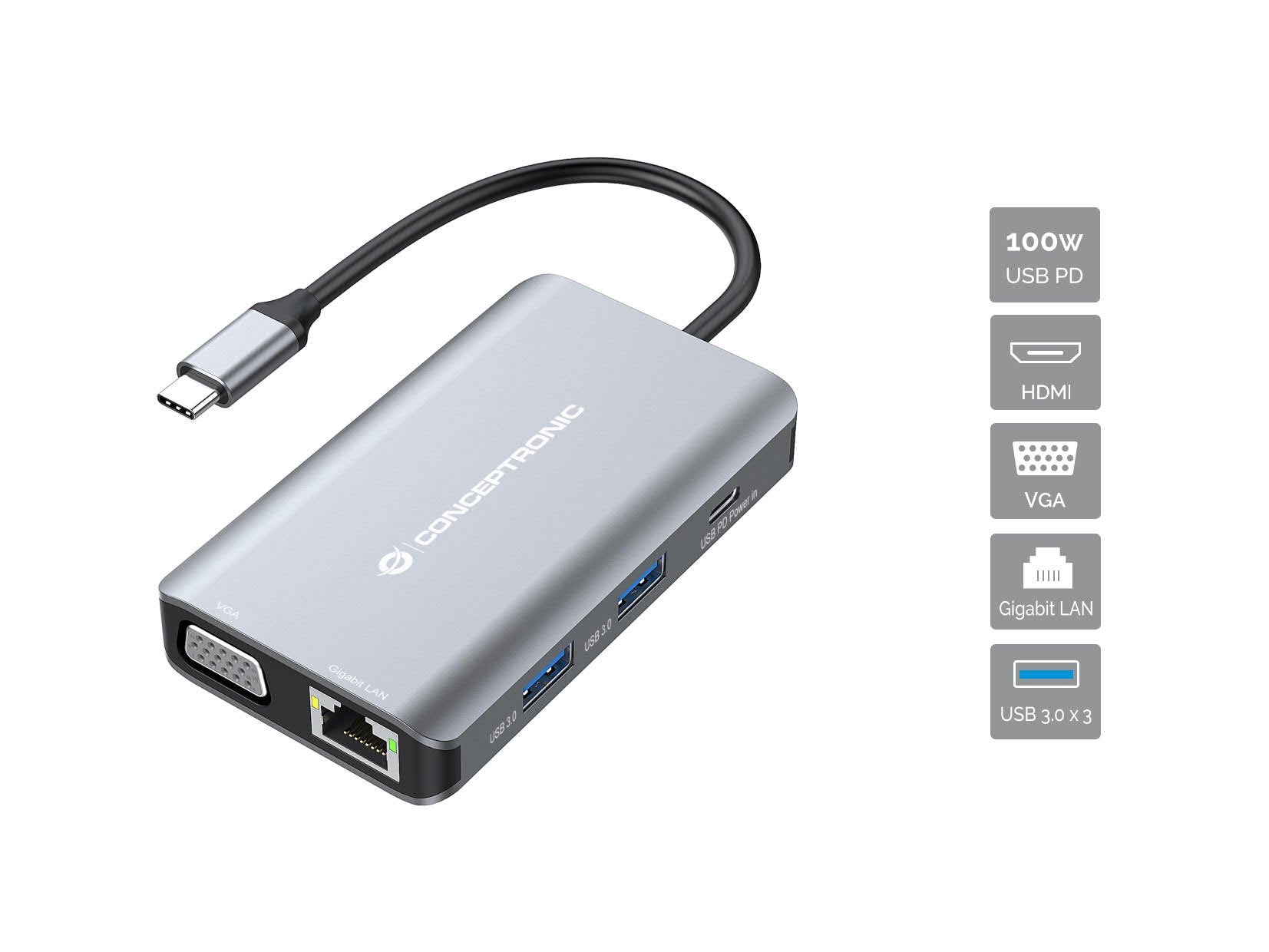 DONN21G 7-in-1 USB 3.2 Gen 1 Docking Station, HDMI, VGA, GbE LAN, USB-A 3.0 x 3, 100W USB PD