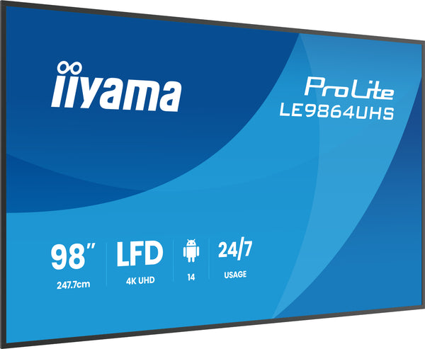 iiyama LE9864UHS-B1AG skilte display Digital fladpaneldisplay 2,49 m (98) Wi-Fi 500 cd/m² 4K Ultra HD Sort Indbygget processer Android 24/7
