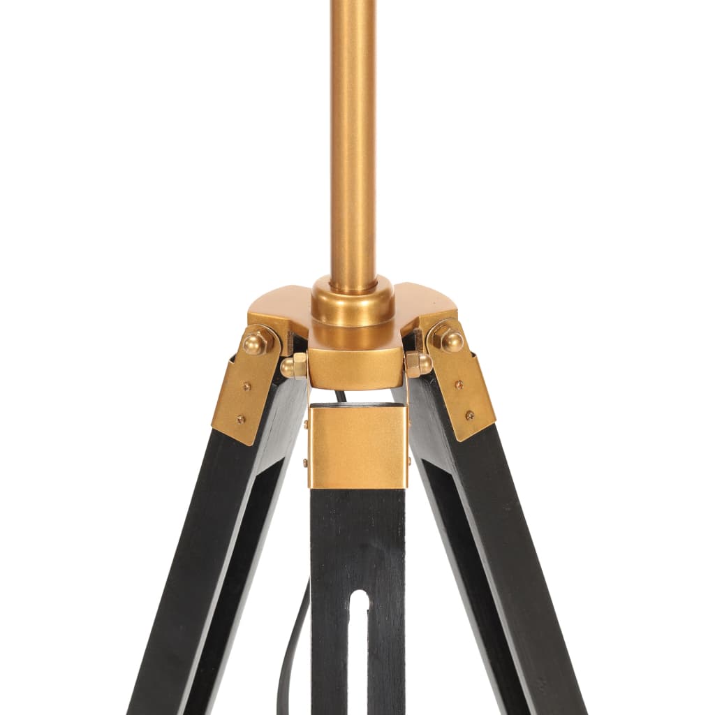 Gulvlampe Med Trefod 141 Cm Massivt Teaktræ Sort Og Guldfarvet