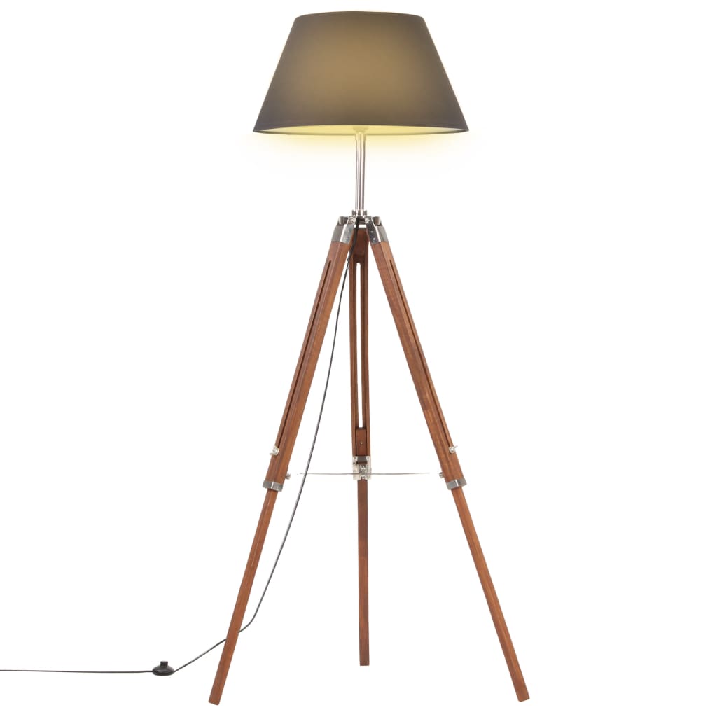 Gulvlampe Med Trefod 141 Cm Massivt Teaktræ Sort Og Guldfarvet
