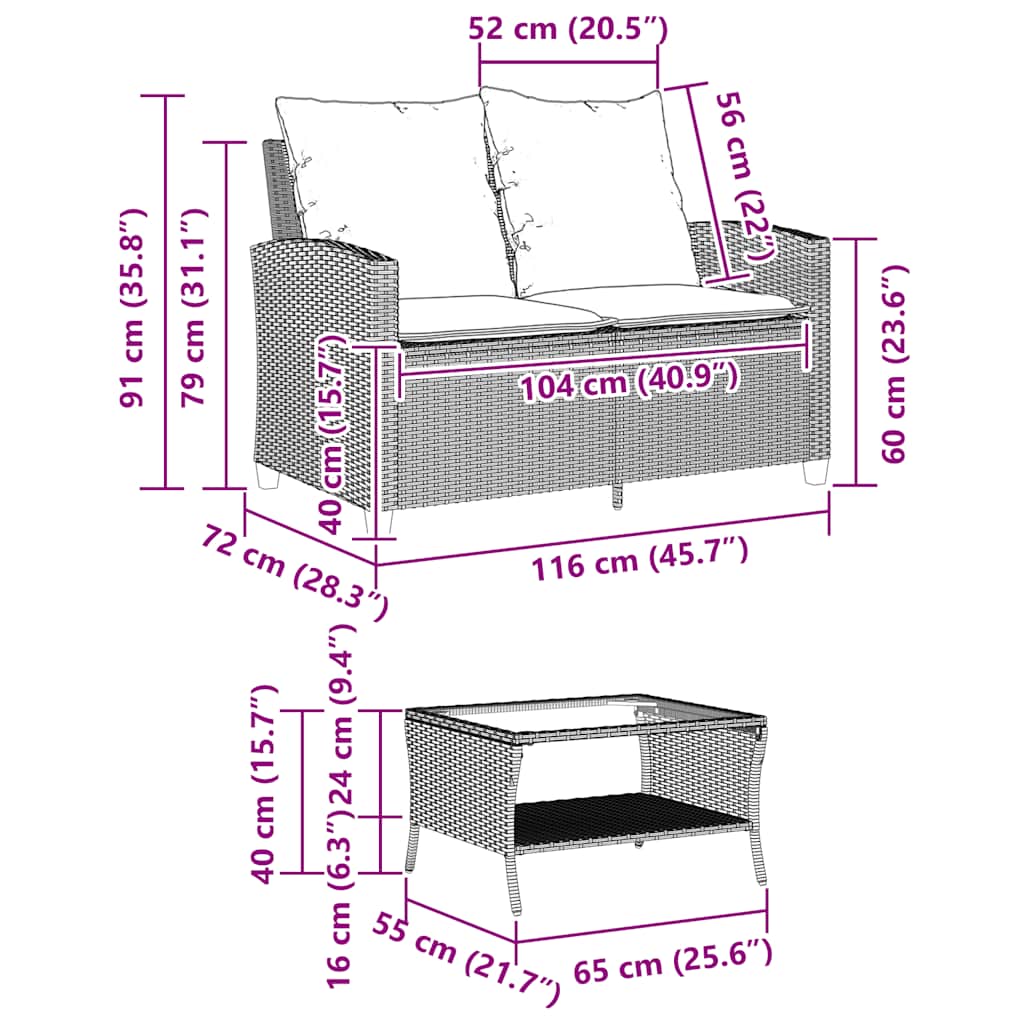 2-Personers Sofa Med Hynder Og Bord Polyrattan