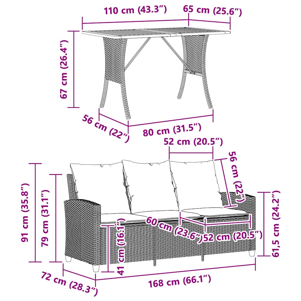 3-Personers Sofa Med Hynder Og Bord Polyrattan
