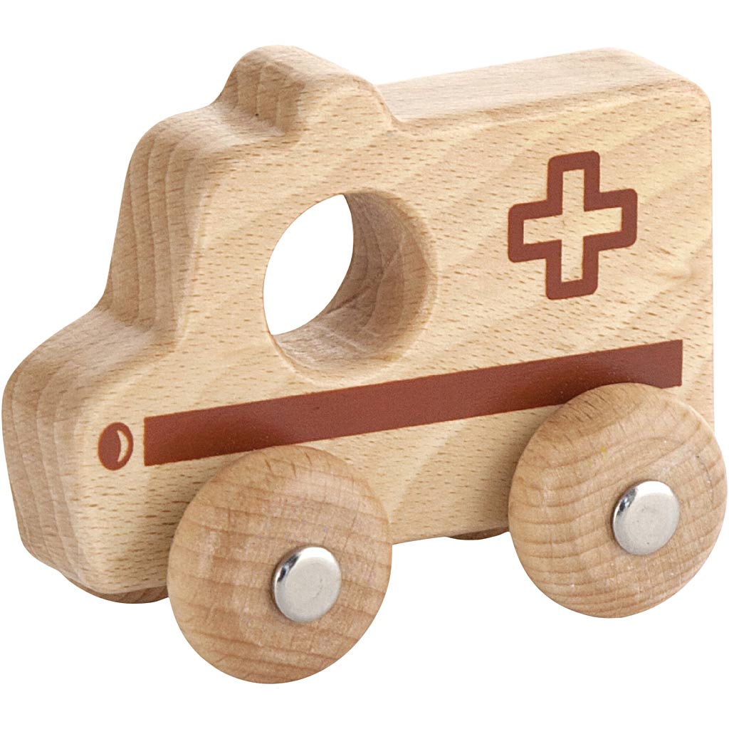 VIGA Træbil, Ambulance, H: 4,2 cm, L: 9 cm, B: 7,5 cm, 1 stk.
