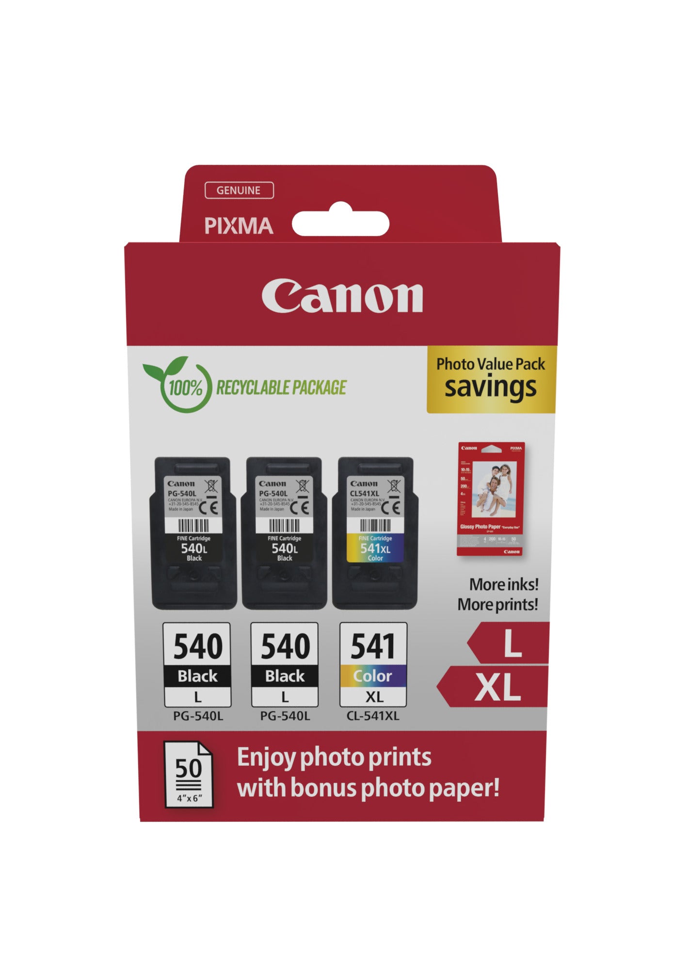 Canon PG-540L x2/CL-541XL Photo Paper Value Pack Sort Farve (cyan, magenta, gul) Blækpatron/papirsæt