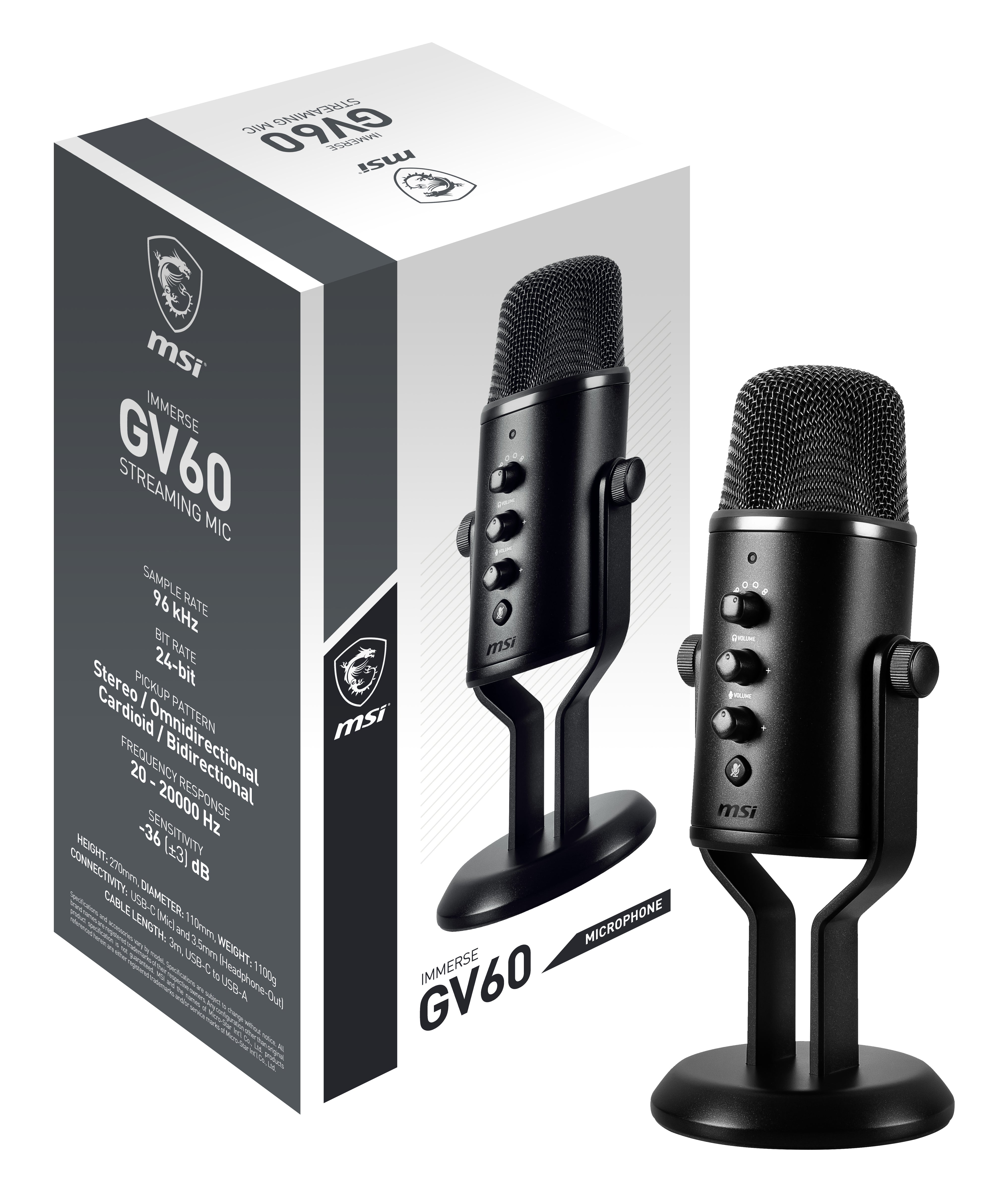 MSI IMMERSE GV60 Mikrofon Kabling -36dB Tovejs Stereo Kardioide Omni-directional Sort