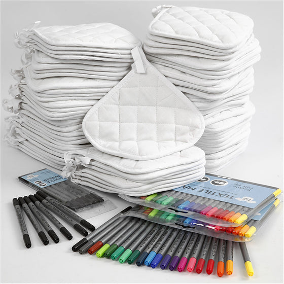 Gruppe DIY Kit Grydelapper med tusch, sort, hvid, 1 sæt