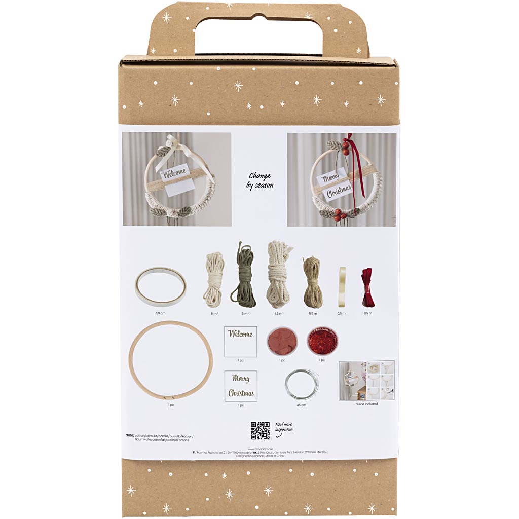 DIY Kit Macramé, Julekrans, mos grøn, julerød, råhvid, 1 pk.
