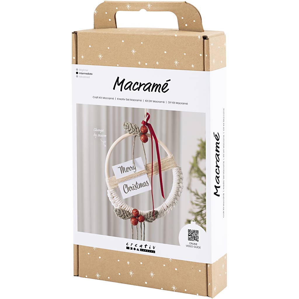 DIY Kit Macramé, Julekrans, mos grøn, julerød, råhvid, 1 pk.