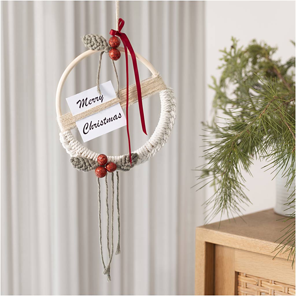 DIY Kit Macramé, Julekrans, mos grøn, julerød, råhvid, 1 pk.