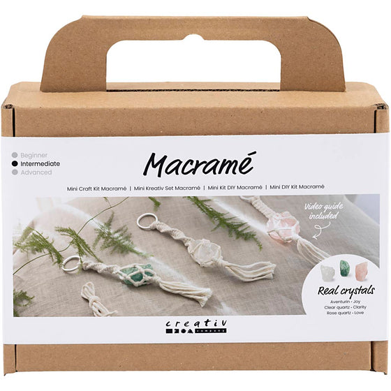 Mini DIY Kit Macramé, Nøglering, mat transparent, støvet grøn, sart rosa, lys natur, 1 pk.