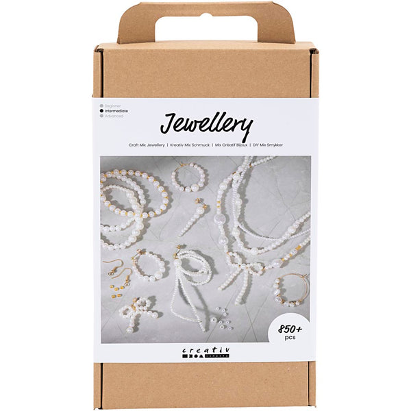 DIY Mix Smykker, Halskæder, armbånd, øreringe, forgyldt, hvid perlemor, 1 pk.