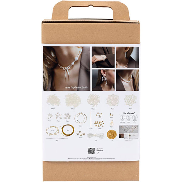 DIY Mix Smykker, Halskæder, armbånd, øreringe, forgyldt, hvid perlemor, 1 pk.