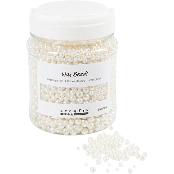 Voksperler, diam. 3-8 mm, hulstr. 1,3-2,5 mm, ca. 5000, hvid perlemor, 430 g, 700 ml/ 1 ds.
