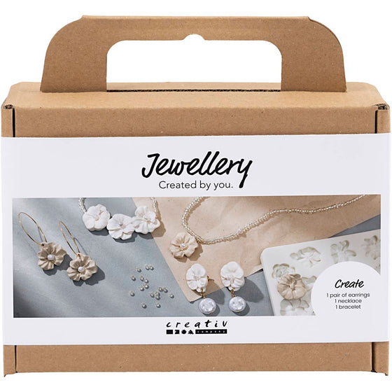 Mini DIY Kit Smykker, Øreringe, armbånd og halskæde med blomsterdesign, beige, lys pudder, varm beige, 1 pk.
