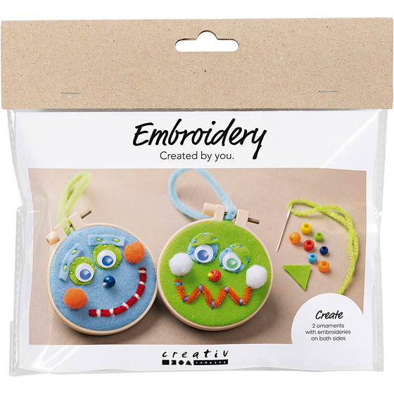 Mini DIY Kit Broderi, Ansigter, blå, grøn, 1 pk.