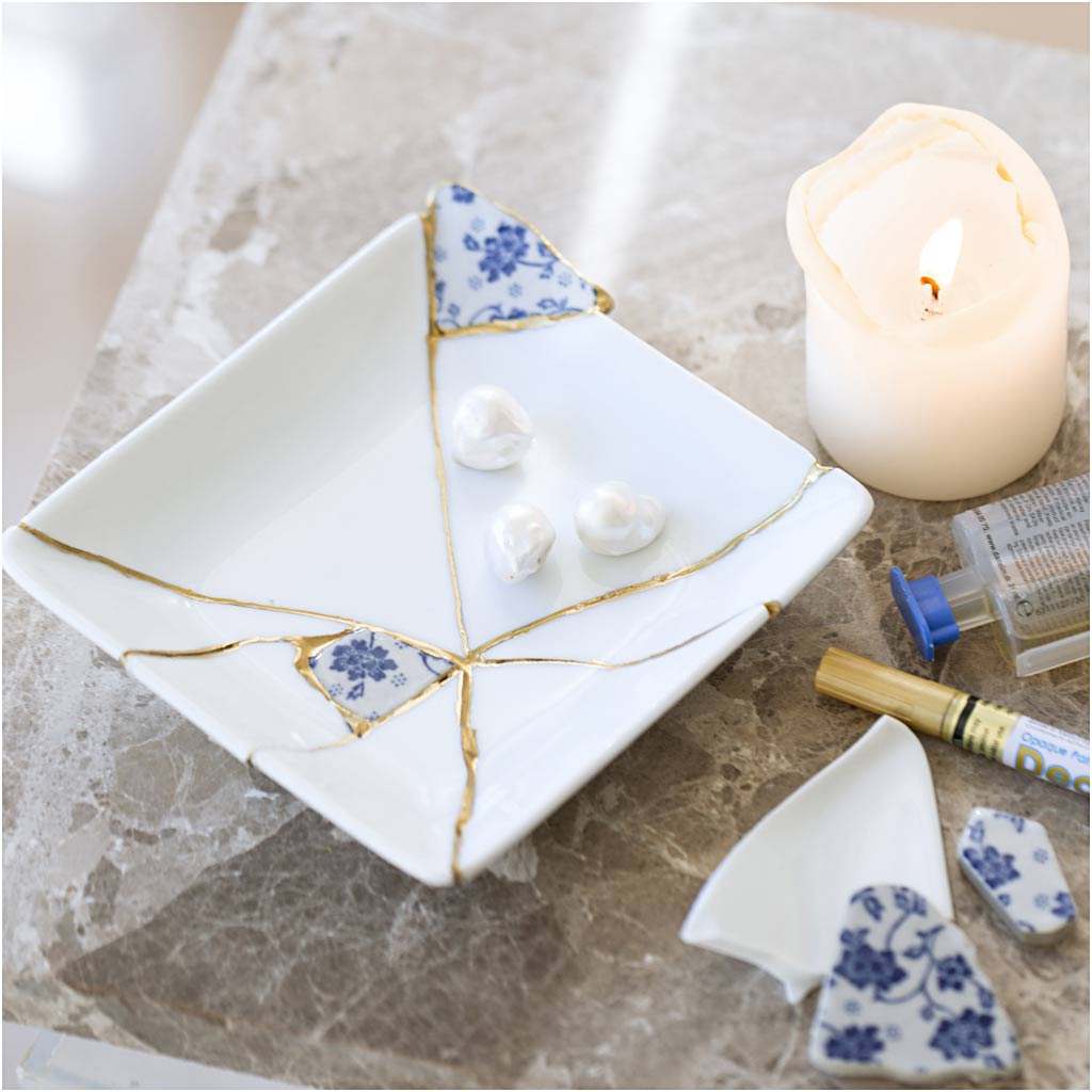 DIY Kit Kintsugi, Fad, blå, guld, hvid, 1 pk.