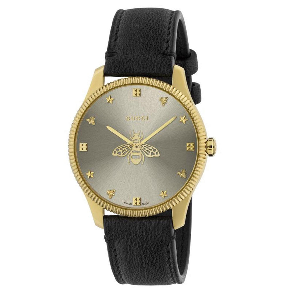 Gucci G-Timeless guldfarvet kvartsur med sort læderrem YA1264181
