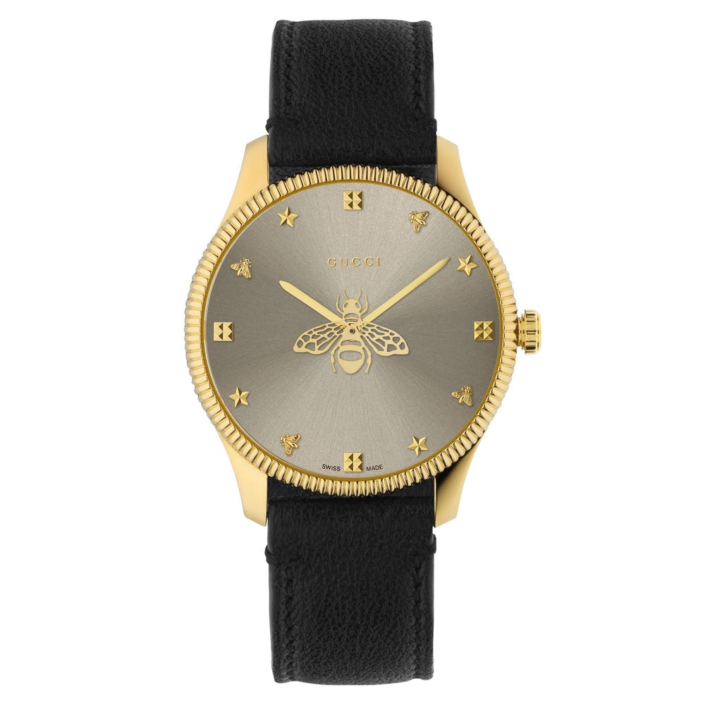 Gucci G-Timeless guldfarvet kvartsur med sort læderrem YA1264181