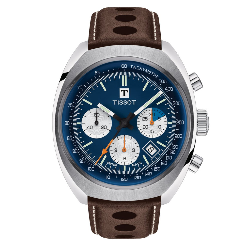 Tissot herreur T Heritage 1973 Chronograph 43mm blå brun T124.427.16.041.00
