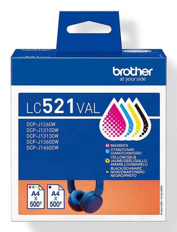 Brother LC521 Value Pack Sort Gul Cyan Magenta 500 sider Blæk