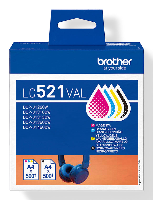 Brother LC521 Value Pack Sort Gul Cyan Magenta 500 sider Blæk