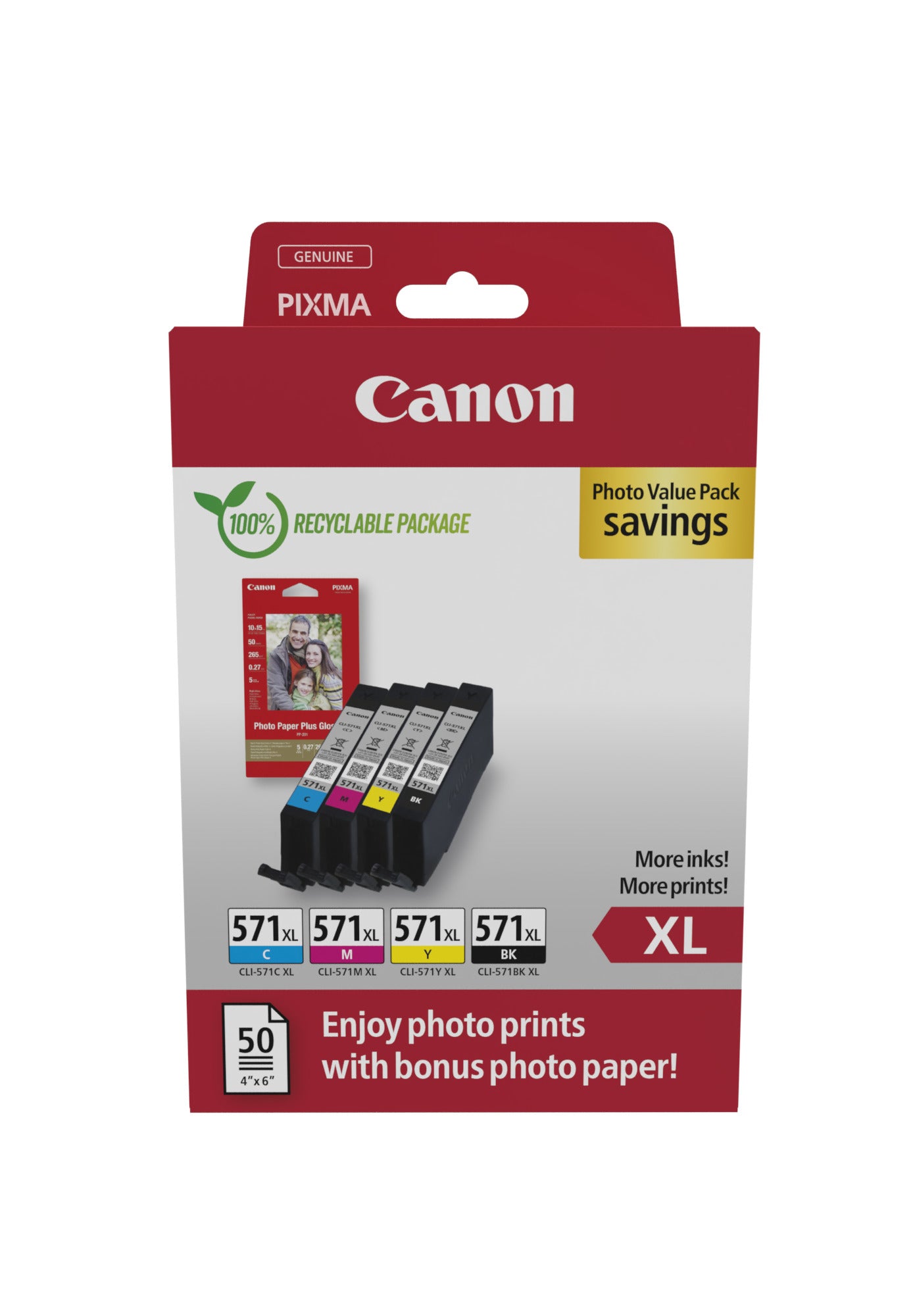 Canon CLI-571XL Photo Paper Value Pack Sort Farve (cyan, magenta, gul) Blækpatron/papirsæt