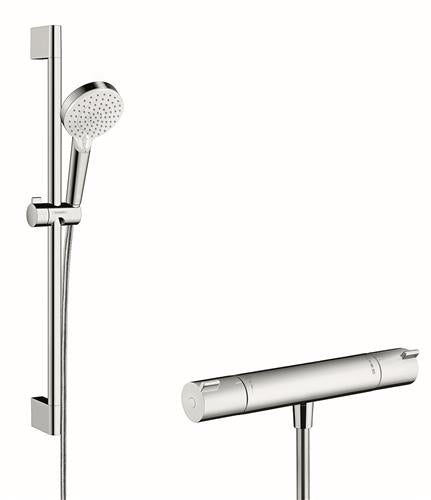 Brusesæt med termostat og håndbruser 100mm, 2 stråletyper, vandbesparende, forkromet - hansgrohe