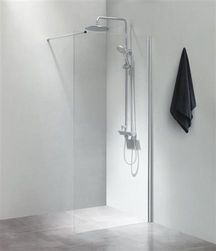 Brusevæg 900x2000 mm 6mm hærdet klart glas med aluprofil og justerbar forhængstang - Cassøe