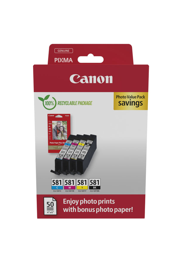 Canon CLI 581 C/M/Y/BK Photo Value Pack Sort Gul Cyan Magenta Blækbeholder / papirsæt