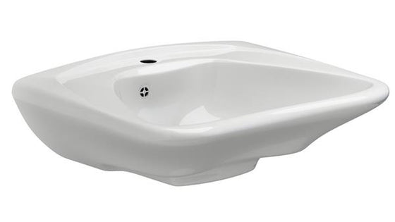 Ergonomisk porcelænsvask 600x490 mm med overløb og bundventil, hanehul, hvid - Pressalit
