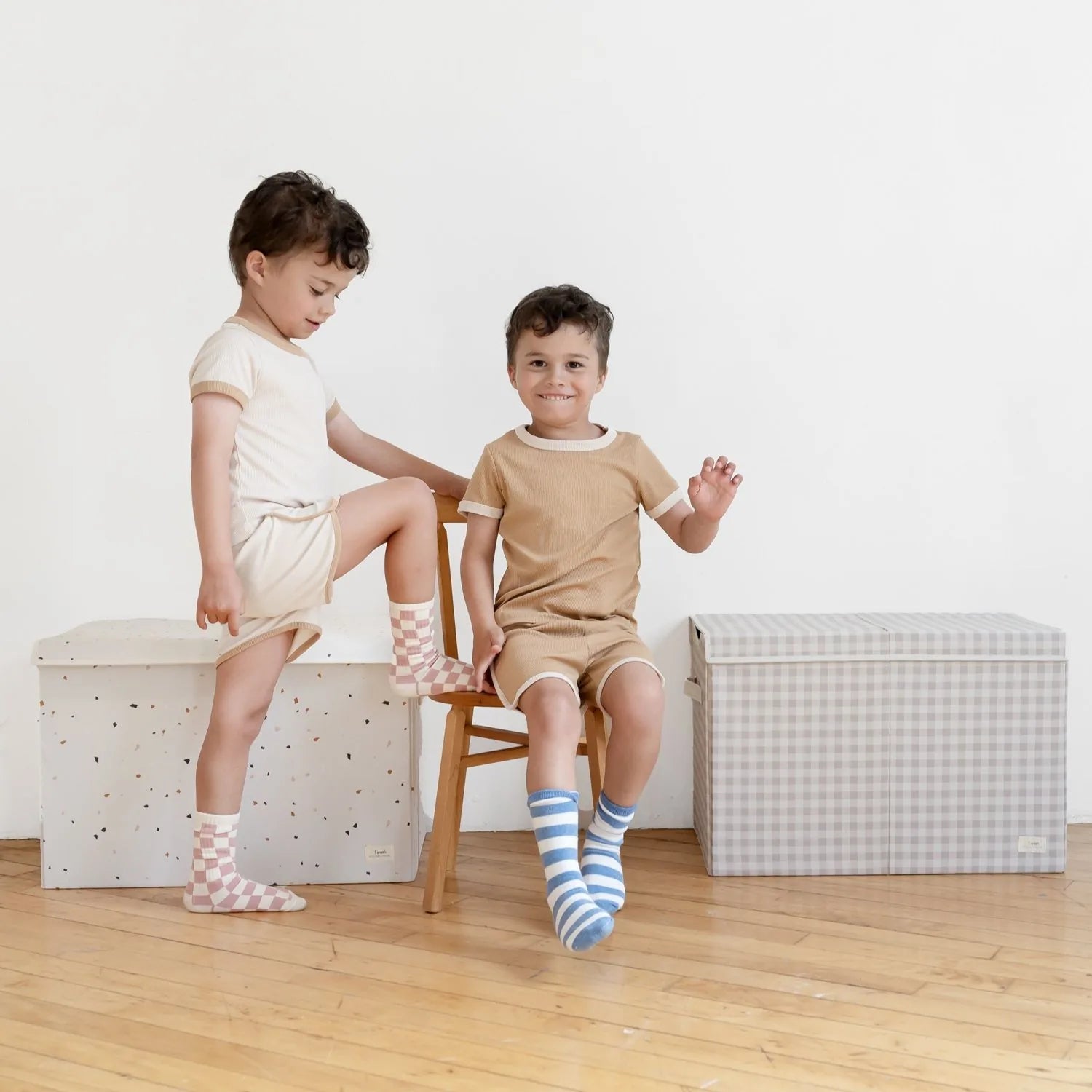 3 Sprouts Opbevaringskasse med låg, Gingham beige