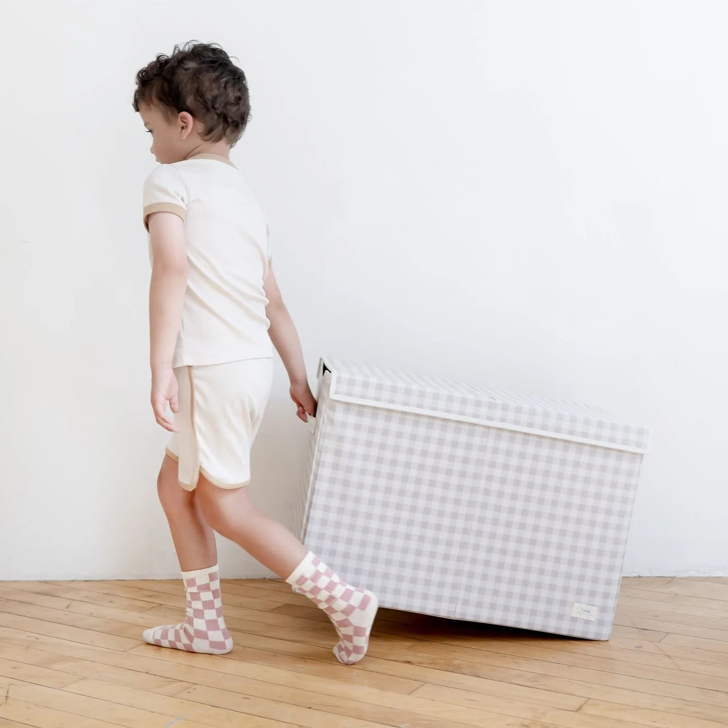3 Sprouts Opbevaringskasse med låg, Gingham beige