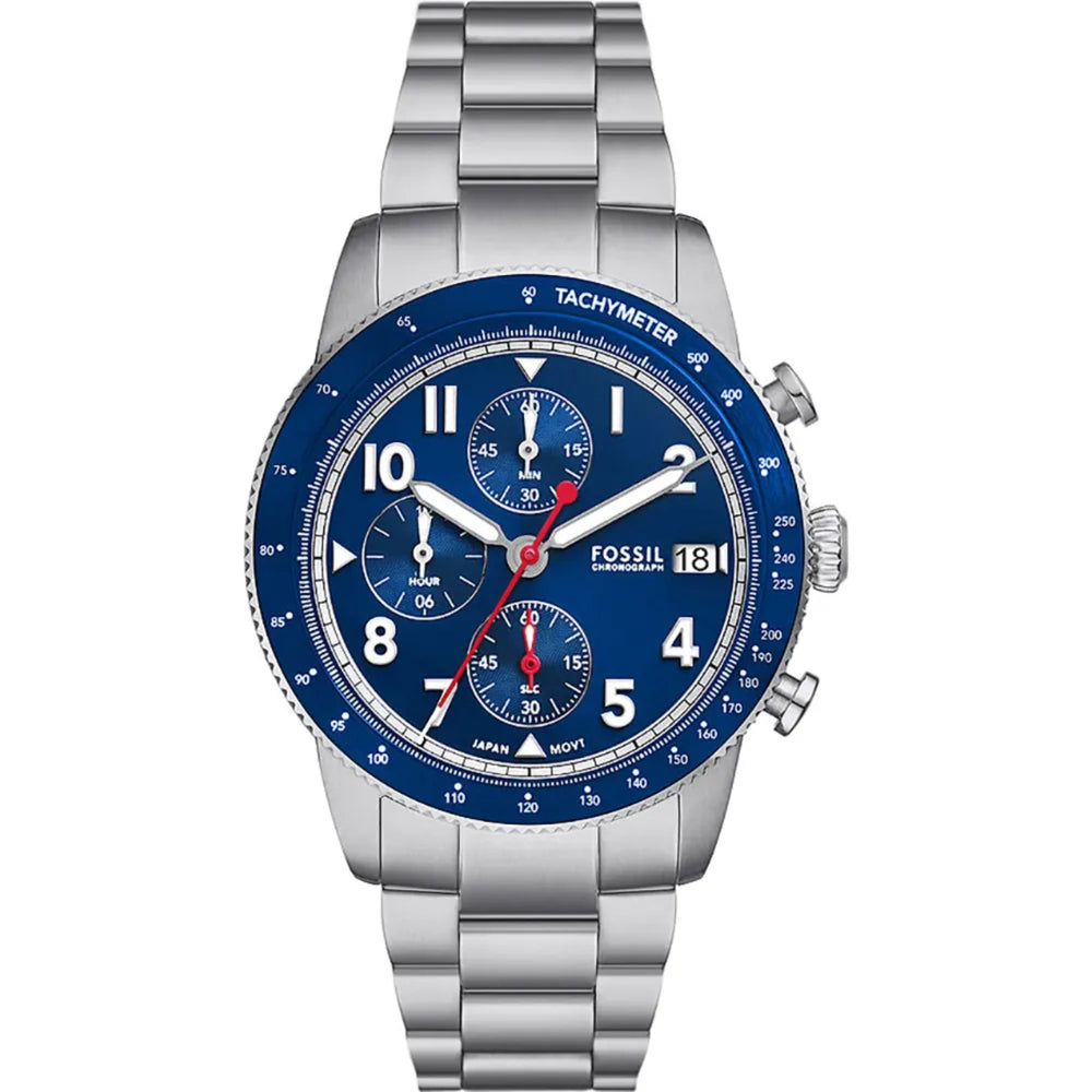 Fossil Sport Tourer Chronograph rustfrit stål lænke blå skive Men S ur Fs6047