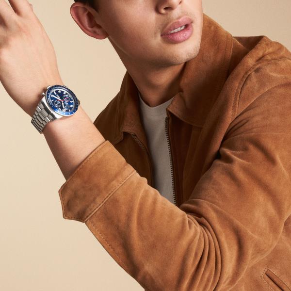 Fossil Sport Tourer Chronograph rustfrit stål lænke blå skive Men S ur Fs6047