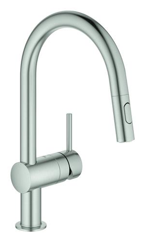 Køkkenarmatur U-tud med udtræk, børstet stål, 90° svingradius - Grohe Minta, Grohe