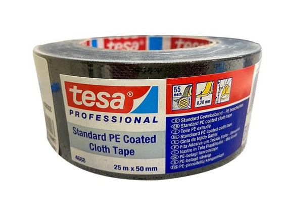 Lærredstape 50mm x 25m sort, vejrbestandig, høj vedhæftning - Tesa