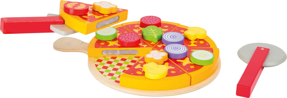 Pizzasæt i træ med 21 dele: pizza m/velcro, fad, pizzahjul og kniv – til børn fra 3 år, EN71 overholder – small foot