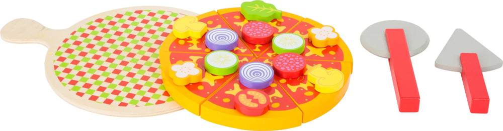 Pizzasæt i træ med 21 dele: pizza m/velcro, fad, pizzahjul og kniv – til børn fra 3 år, EN71 overholder – small foot