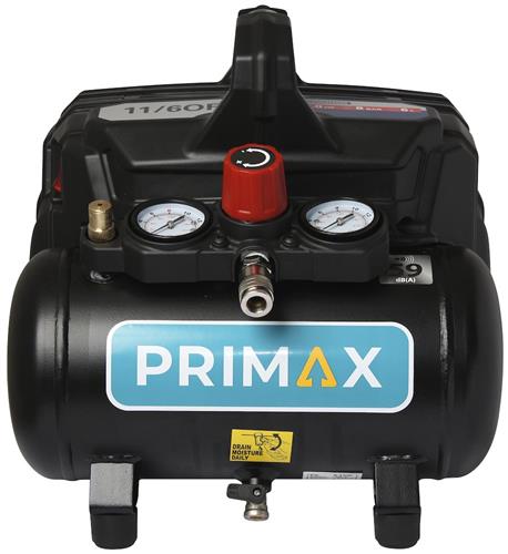 Kompakt lydsvag 6L kompressor 8 bar 1HP til dæk, klammepistol og blæseopgaver - PRIMAX