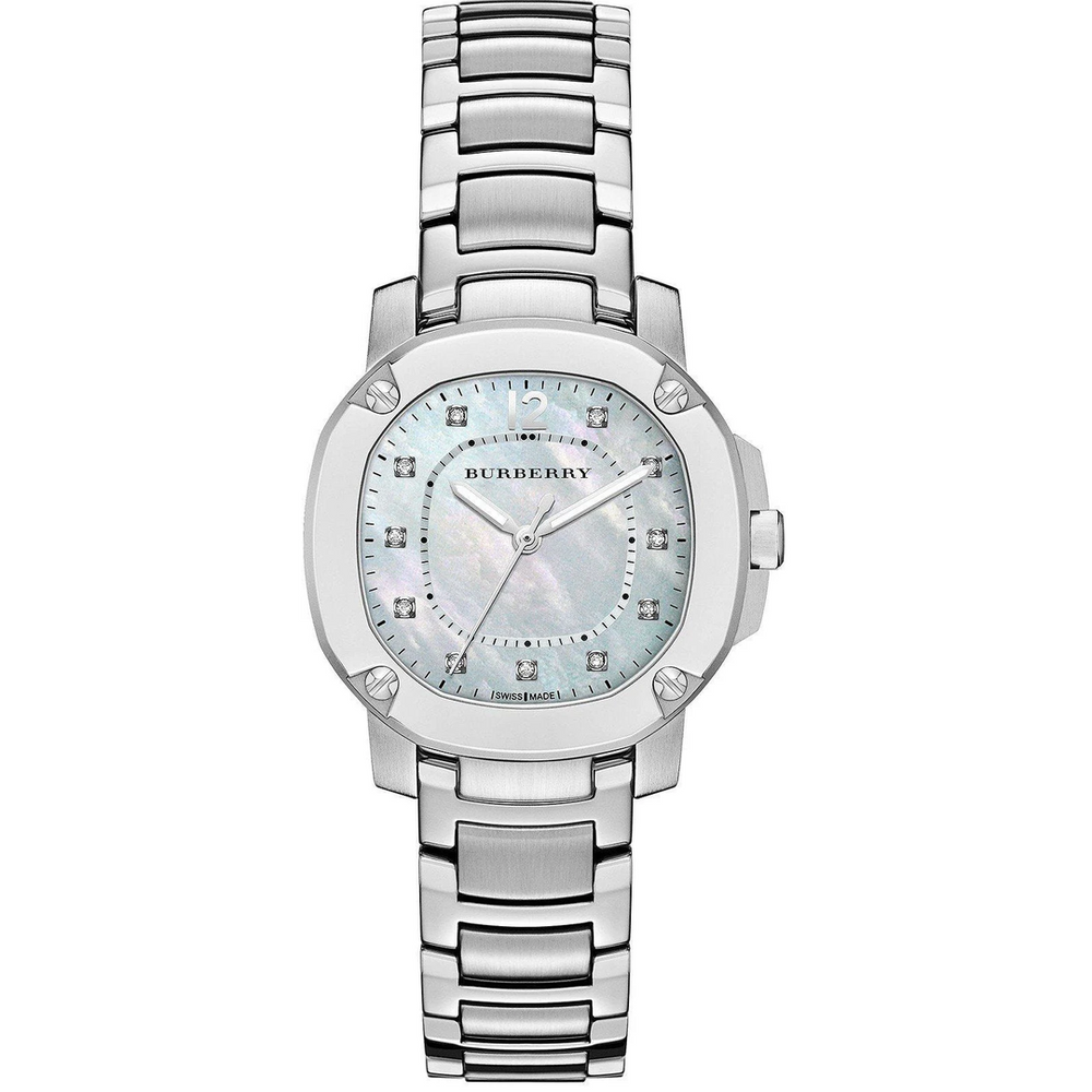 Burberry The Britain Diamonds Mother Of Pearl skive sølv stål rem ur For Women BBY1804