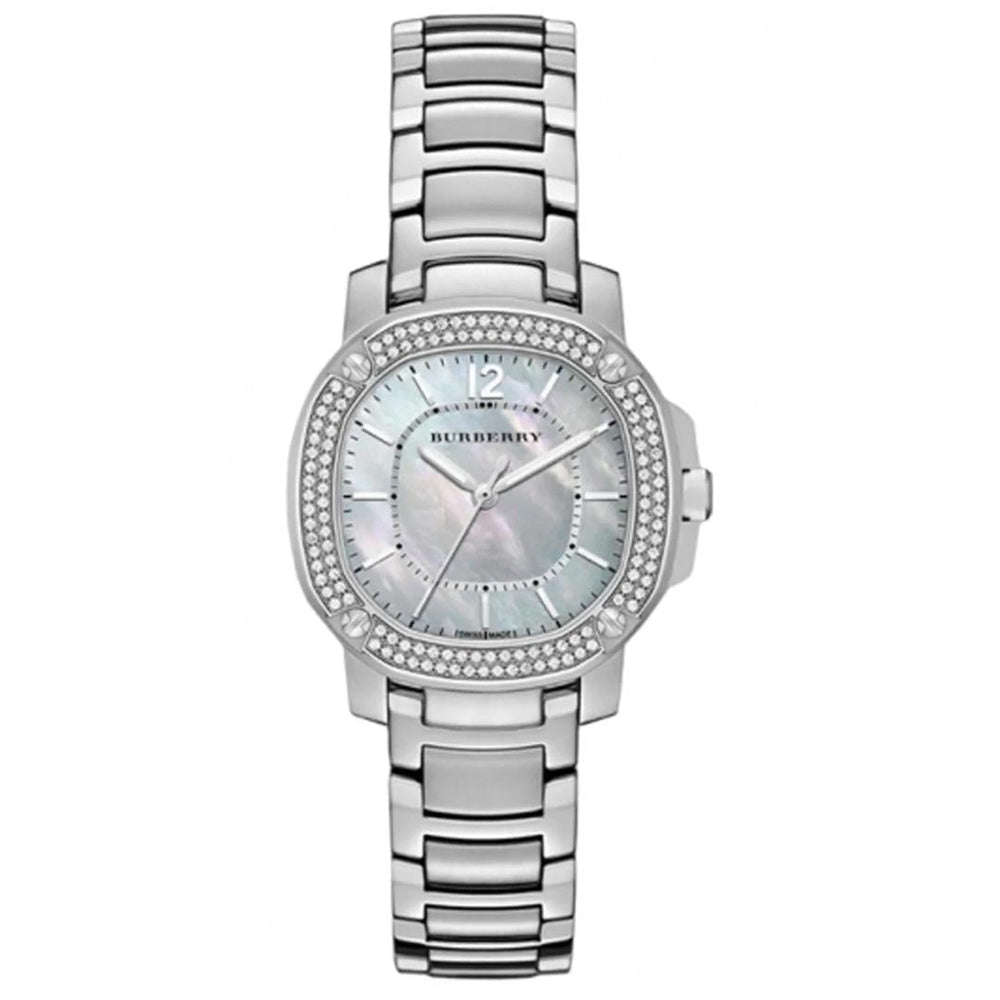 Burberry The Britain Diamonds Mother Of Pearl skive sølv stål rem ur For Women BBY1801